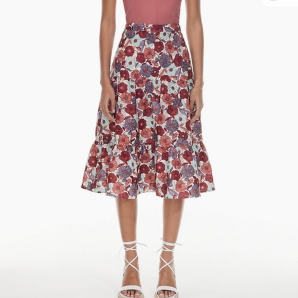 Aritzia Wilfred Floral Organic Atone Linen Skirt Size 2 Ruffle Hem Tiered NEW